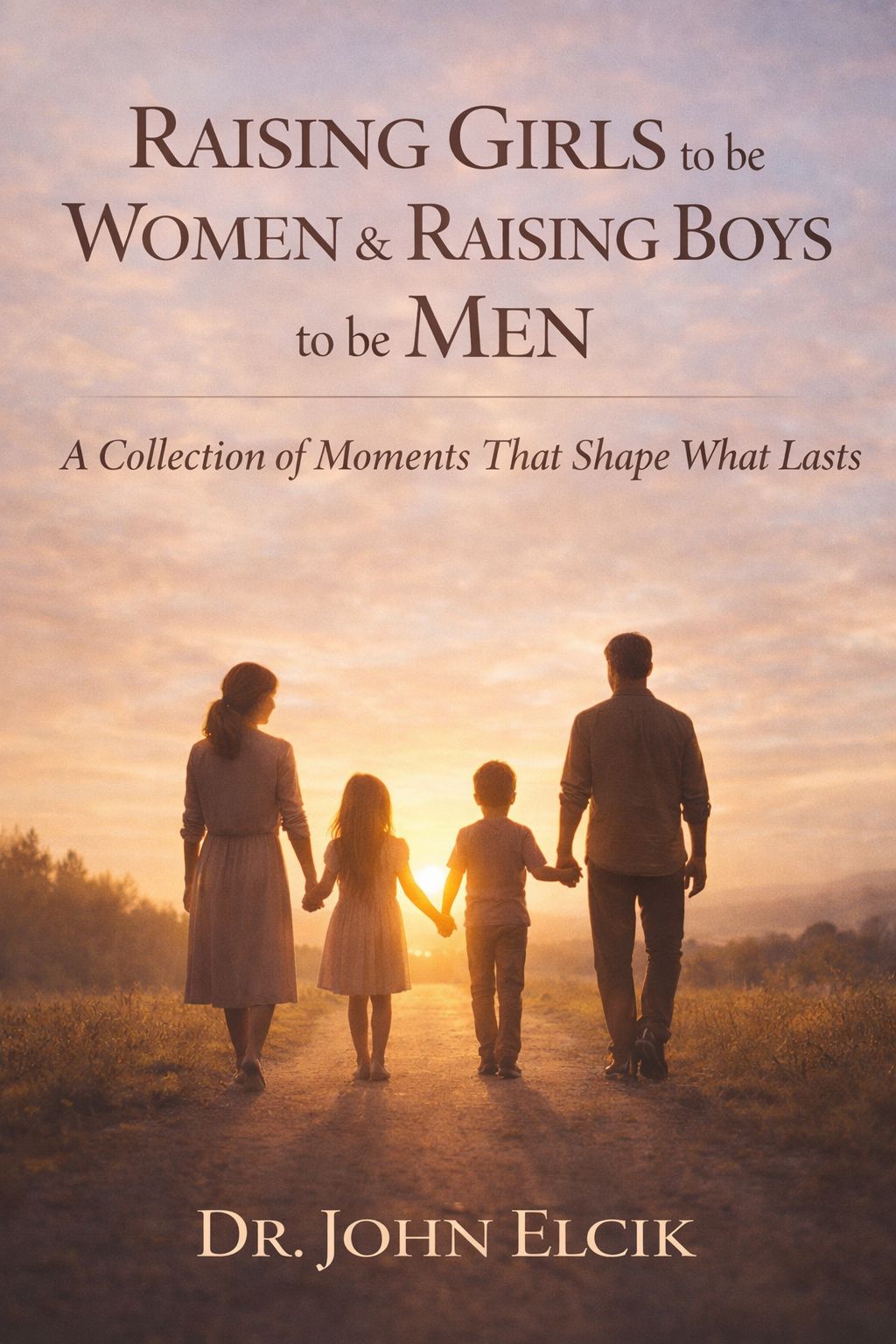 Raising Girls to be Women and Raising Boys to be Men: A Collection of Moments That Shape What Lasts, by Dr. John Elcik. The cover shows a family holding hands on a path at sunset.